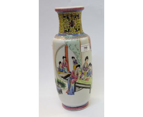 20th Century Chinese baluster form vase, decorated with figures and panels of script, 34cm high, red seal mark to baseVase is