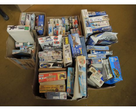 Six boxes containing a large quantity of unbuilt model aircraft kits including Frog, Airfix, Revell etc. 