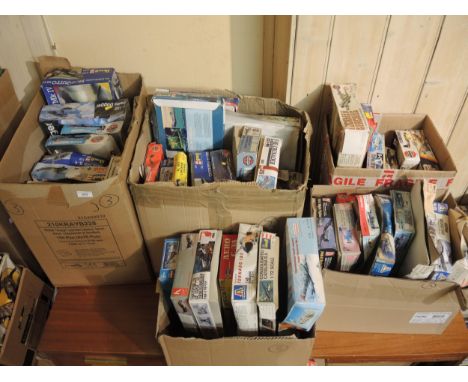 Five boxes containing a large quantity of unbuilt model aircraft kits including Frog, Airfix, Revell etc. 