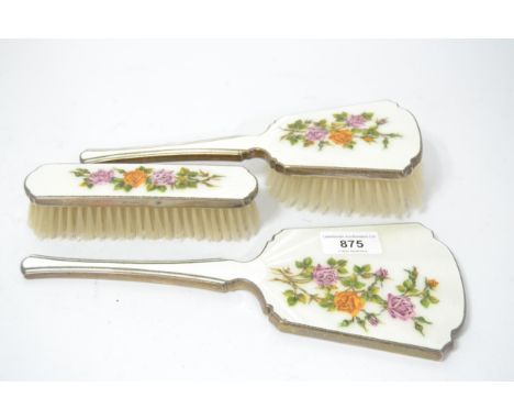 Birmingham silver white enamel and rose decorated three piece dressing table setSmall chip to corner of enamel on mirror. Oth