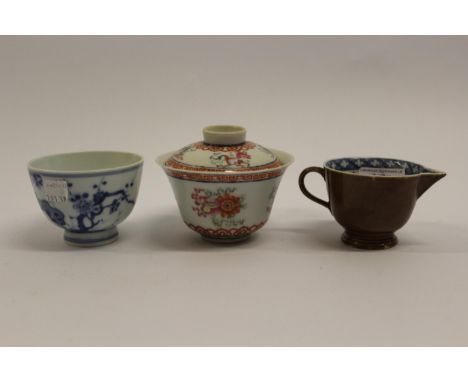 Reproduction Chinese rice bowl and cover, enamel decorated with flowers, fish etc., signed with red seal mark, 10cm diameter,