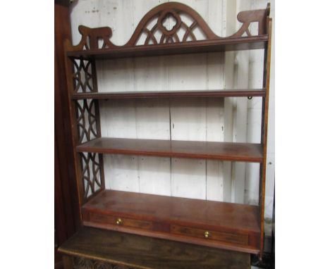 20th Century mahogany crossbanded and inlaid four shelf wall bracket with pierced sides and back and two small drawers, 99cm 