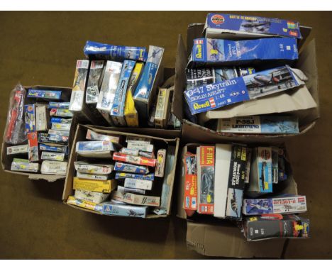 Five boxes containing a large quantity of unbuilt model aircraft kits including Frog, Airfix, Revell etc. 