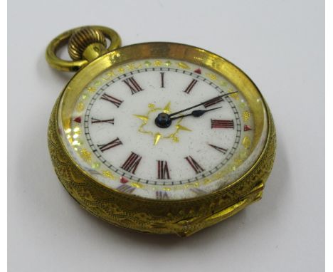 Ladies silver gilt and engraved pocket watch, the decorative enamel dial with Roman numerals 