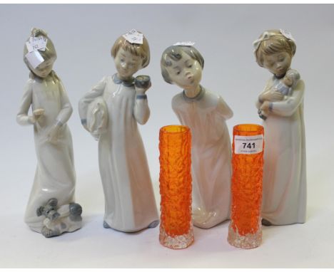 Pair of Whitefriars orange bark specimen vases, four Nao figures, a Doulton figure (boxed) and a Goebel figure (boxed) 