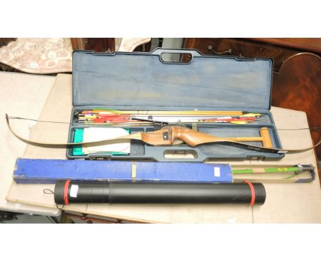 Archery equipment to include Samick SHB bow, together with an Accles & Pollock bow, large quantity of arrows and accessories 