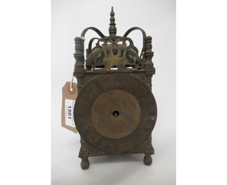 20th Century antique style lantern clock (at fault), together with a 19th Century leather carriage clock travel case 