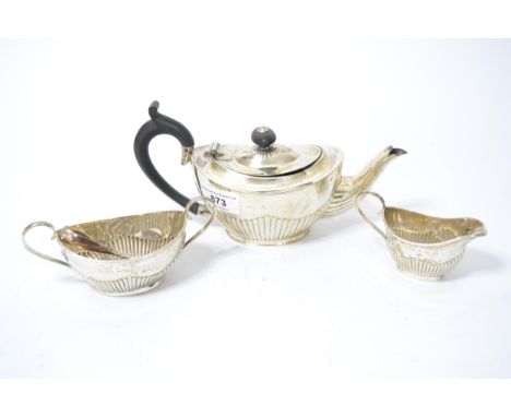 Silver bachelor three piece tea service of half gadroon design with ebony handle and finial, Birmingham, 10oz t 