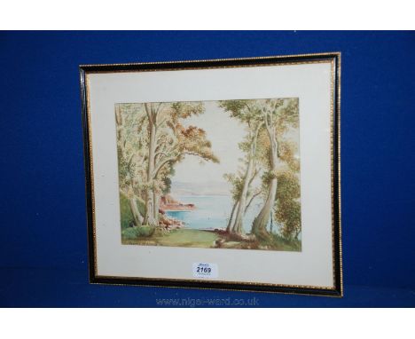 A framed and mounted Watercolour of a Seascape with tree and a hill coastline in the distance, signed lower left George Holla
