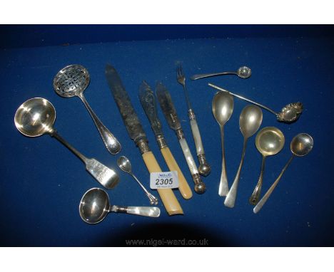 A good lot of Assorted Ladles, Sifting, Salt and caddy Spoons, Cake Knife, Butter Knife and Pickle Fork.