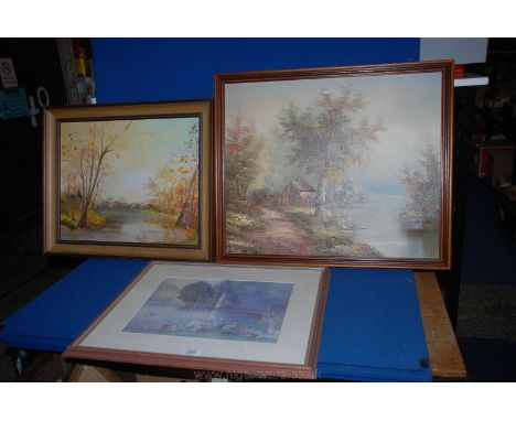 Two Oil paintings, one of a house and tree by a river, the other of  trees by a stream and a Print of people by a river.