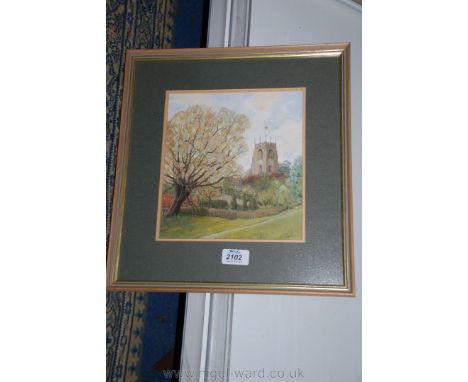 A mixed media painting 'St. Peters, Winchcombe from the Playing Fields', by Emmie Pinchin, 1985, initialled lower right, labe
