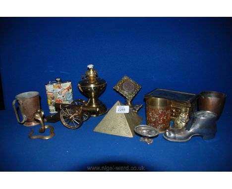 A quantity of Copper and Brass including canon, oil lamp, etc.