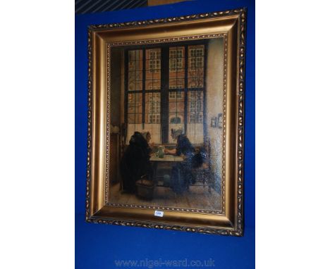 A large gilt framed Print on canvas of two ladies at a table in front of a large window in deep discussion, after Claus Meyer