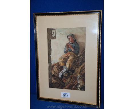 A framed and mounted Watercolour of a young boy sitting on fishing nets playing a whistle to a bird in a cage, 6'' x 10''.