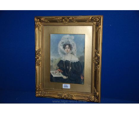 A gilt framed and mounted Print of a Victorian lady drawing, 7'' x 9''.