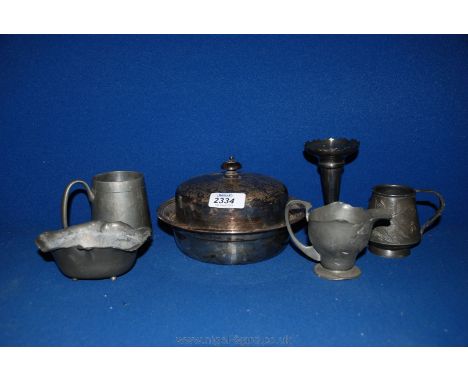 A small quantity of Plated and pewter items including muffin dish, bud vase, small mug, cream jug and bowl, etc.