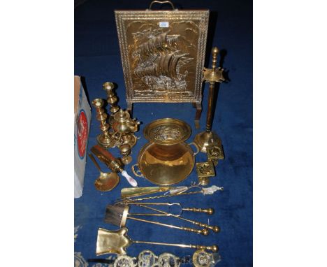 A quantity of Brass including companion set, pair of miniature Victorian trivets, tray, toasting fork, Galleon fireguard, etc