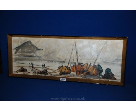 A Print of a harbour scene with fishermen loading their nets,signed Ben Mailes, '61,no.138  