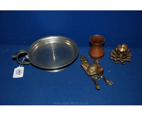 A Marinoni Italian Pewter Wee Willie Winkie Pricket stand, a Brass Fox Head Door Knocker, Brass Fir Cone Candle stand and a s