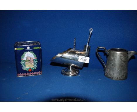A silver plated two piece W.B. & Co. Sugar Server, a J.H. Potter, Sheffield Pewter Jug marked 'Matchless Cleanser Soap' and a