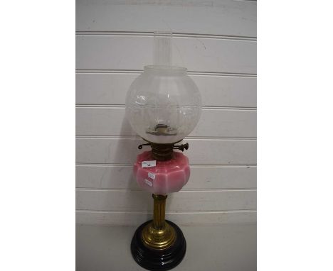 VICTORIAN OIL LAMP WITH PINK OPAQUE GLASS FONT