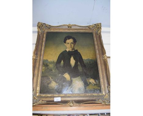 OLEOGRAPH STUDY OF A YOUNG BOY WITH DOG, GILT FRAMED
