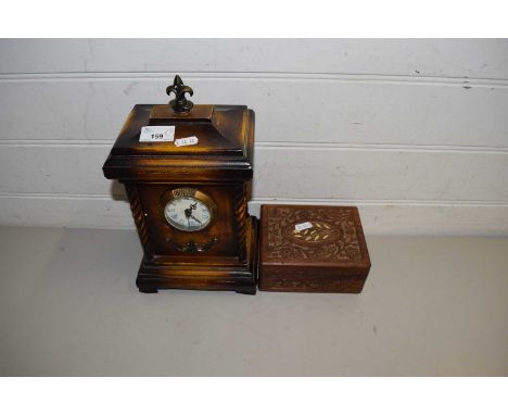 MANTEL CLOCK AND A SMALL CARVED WOODEN BOX