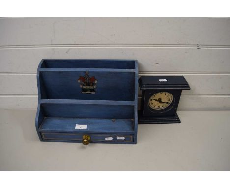 BLUE PAINTED LETTER RACK AND A BATTERY OPERATED CLOCK (2)