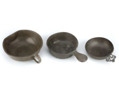 2 Antique Pewter, Bleeding Bowls & a Porringer,including an antique pewter porringer, English, probably 18th century, with to