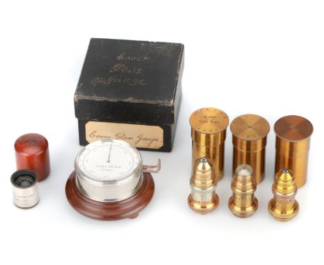 Collection of Carl Zeiss Objectives & A Cover Glass Gauge,including: a large objective engraved C. ZEISS JENA, Tubusl 250mm6.