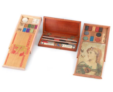 2 Victorian Artists Paint Cases & Another,including a French polished case containing paints with a polychrome label for 'REE
