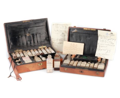 2 Very Fine Travelling Medicine Chests,The first finished in tan leather with black Russian leather interior, opening to reve