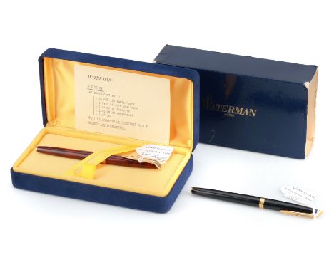comprising a Modern Art brown plastic ballpoint, no cartridge, a Modern Art black plastic fountain pen, and a LeMan Centenary