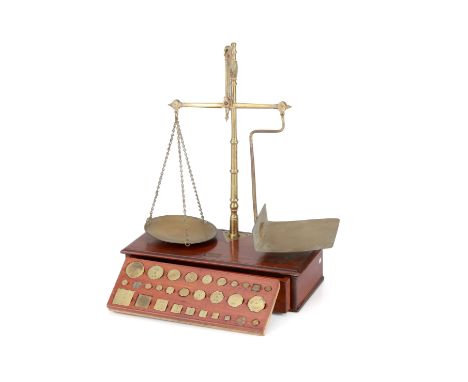 Set of Brass Postal Scales,English, c.1880, unsigned French polished wooden base with single drawer containing fitted tray of