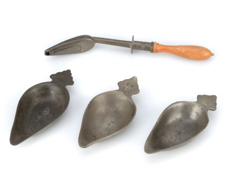 Pewter Pap Boats and a Medicine Spoon,3 pewter pap boats; English, c.1800, stamped with FH and X and a crown, pap boat create