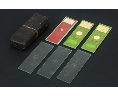 A Set of William Webb Microphotographs & Micro-Writting Prints,Period leather case containing 6 microscope slides, labels rea