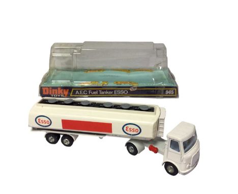 Dinky Toys diecast A.E.C Esso Fuel Tanker Range Rover Ambulance No.268 &amp; Bedford Van No.410, on plinth base with bubblepa