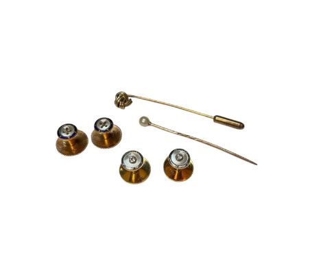 Pair of 18ct gold shirt studs set with diamonds in mother of pearl surround, pair of 9ct gold and enamel studs, 9ct gold tie 