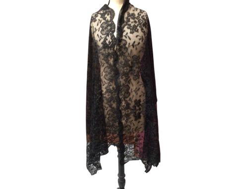 Victorian wide black Chantilly lace stole, similar bonnet veil and mantilla. Two white work christening gowns plus petticoat,