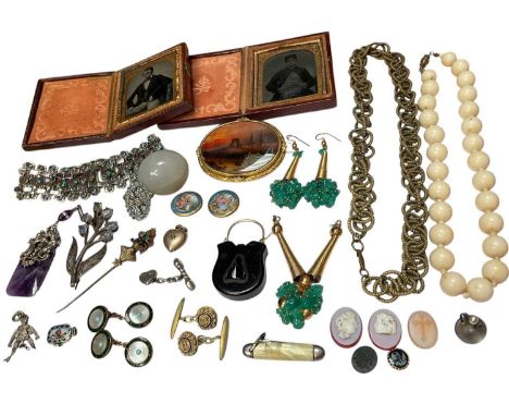 Group of antique and vintage jewellery to include a Victorian enamelled blackamoor stick pin, Egyptian revival silver enamell