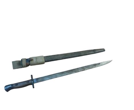 First World War British 1907 pattern bayonet by Sanderson, stamped RUG 283, in a steel mounted leather scabbard with canvas w