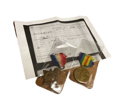 First World War Casualty pair comprising 1914 'Mons' Star named to 3-9128 PTE. A. E. Richmond. 2/Suff. R. and Victory medal n