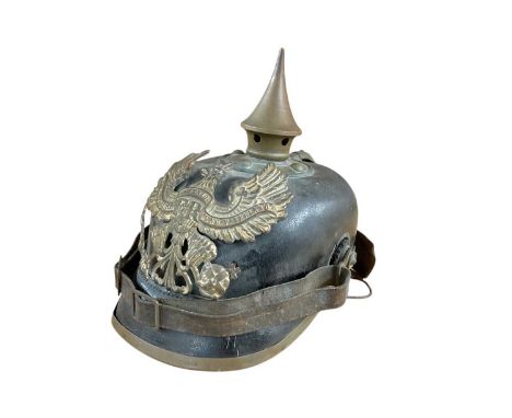 First World War Imperial German Prussian Other Ranks Pickelhaube helmet, with a Prussian eagle plate to the front, spike with