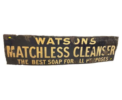 Vintage enamel advertising sign "Watsons Matchless Cleanser, The Best Soap For All Purposes" 38cm x 152.5cm