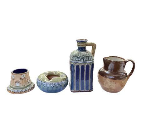 Group of Doulton stoneware to include vesta holder/striker, ashtray, decanter and a harvest jug (4)
