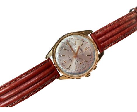 Gentleman's gold plated Emperor chronograph wristwatch, silvered Swiss signed dial, 17 jewels, on a brown leather strap, 38mm