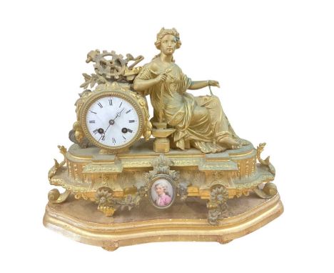 19th century French Spelter figural mantel clock on wooden base, 36cm in height (including base).