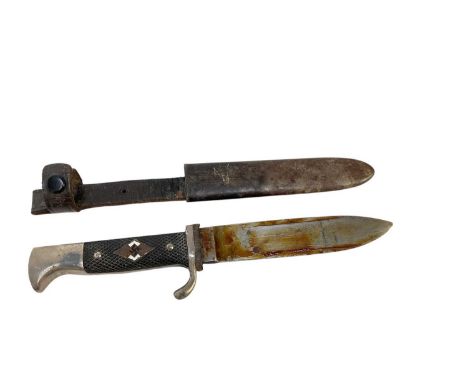 Nazi Hitler Youth knife / dagger with checkered plastic grip, set with enamel swastika badge, plated mounts, blade by Carl Ei