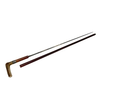 Victorian sword stick with tapered steel blade, in Malacca shaft with horn grip and silver collar (Birmingham 1876), blade 70